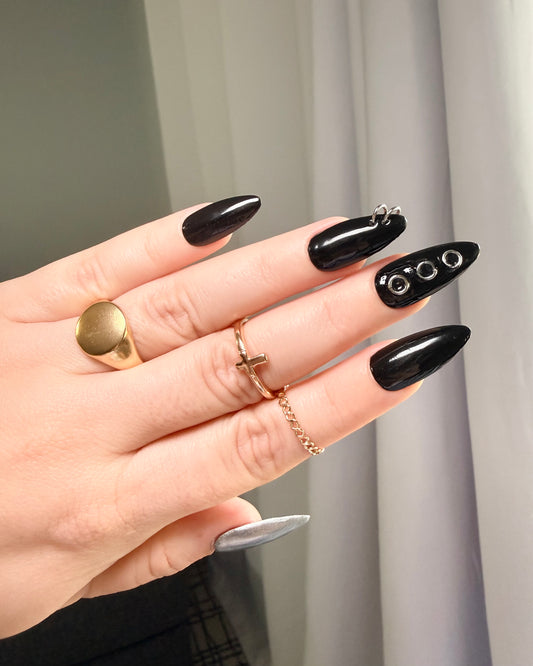 Black Edgy Press-On Nails with Silver Studs
